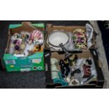 Three boxes of Ornaments, including Staffordshire flower baskets, bird figures, Royal Doulton dish,