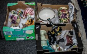 Three boxes of Ornaments, including Staffordshire flower baskets, bird figures, Royal Doulton dish,