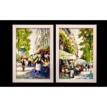 Pair of Prints on Canvas highlighted in oils by E Anthony Orme, depicting French street scenes,