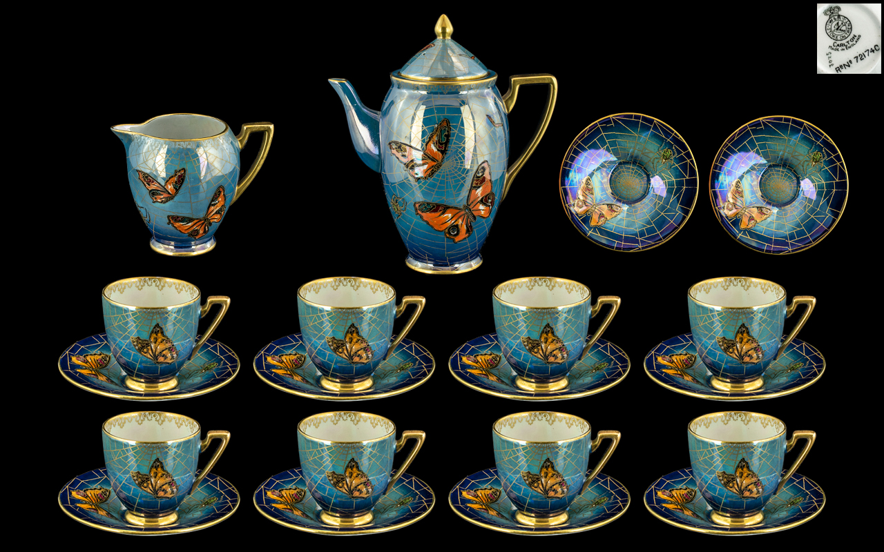 Carlton Ware Lustre Decorated Coffee Set, Decorated with the Butterfly and Cobweb Spider Pattern.