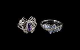 Two Sterling Silver Rings, a butterfly design with amethyst central stone size M,