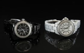 Chanel Pair of Fashion Copy Ladies J12 Stone Set Ceramic Wrist Watches, one in ceramic black, the