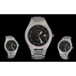 Diamond & Co Gents Stainless Steel Quartz Wrist Watch with Diamond Set Bezel, Black Dial, Silver