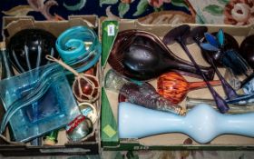 Two Boxes of Coloured Glass Items including contemporary turquoise ribbon glass vase, paperweights,