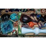 Two Boxes of Coloured Glass Items including contemporary turquoise ribbon glass vase, paperweights,