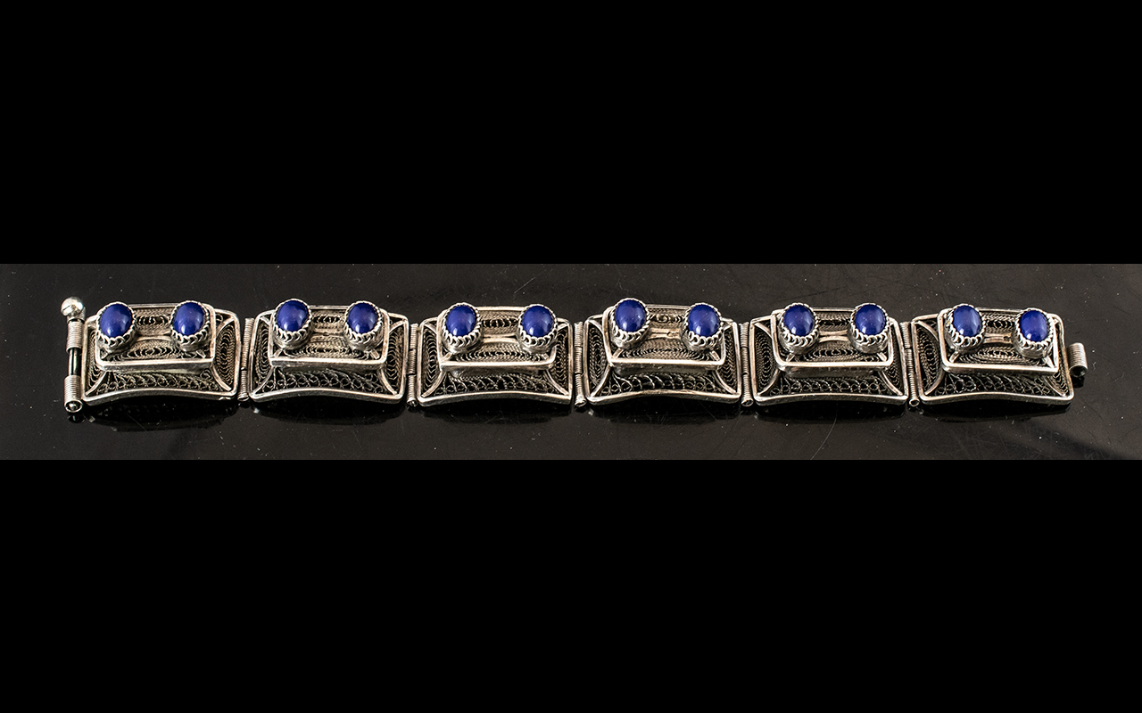 Antique Period Wonderful Silver Wire worked Bracelet, Set with Cabochon Cut Polished Blue Stones (