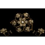 Victorian Period Attractive 9ct Gold Open worked Seed Pearl Set Brooch with Safety Chain.