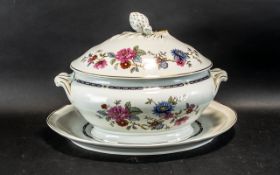 Large Portuguese Porcelain Oval Shaped Soup Tureen on Base, the body with polychrome floral