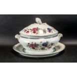 Large Portuguese Porcelain Oval Shaped Soup Tureen on Base, the body with polychrome floral