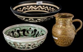 ( 3 ) Three Misc Pieces of Stone-Ware Glazed Art Pottery, A Large Aztec Designed Footed Bowl,