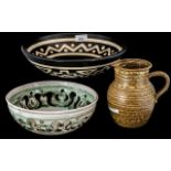 ( 3 ) Three Misc Pieces of Stone-Ware Glazed Art Pottery, A Large Aztec Designed Footed Bowl,