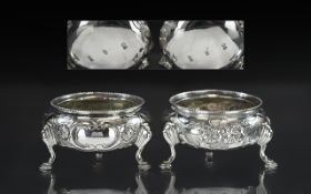 Victorian Period Fine Pair of Cast Silver Salts, Raised on Hoofed Feet, With Embossed Floral