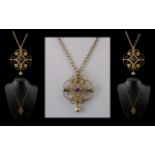 Victorian Period - Attractive 9ct Gold Ornate Fancy Open Worked Seed Pearl and Amethyst Set Pendant