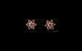 Rose Garnet Cluster Stud Earrings, each earring comprising seven round cut rose garnets in a