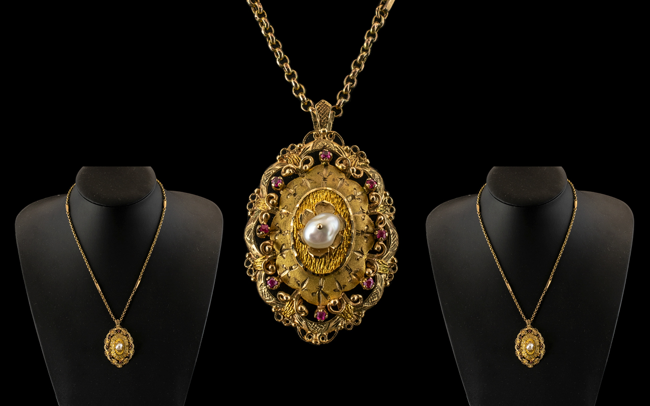 Ladies 9ct Gold - Attractive Ruby and Pearl Set Ornate Pendant From the 1970's of Pleasing Design