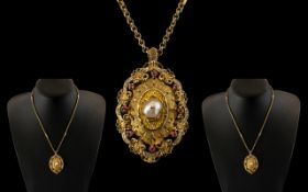 Ladies 9ct Gold - Attractive Ruby and Pearl Set Ornate Pendant From the 1970's of Pleasing Design