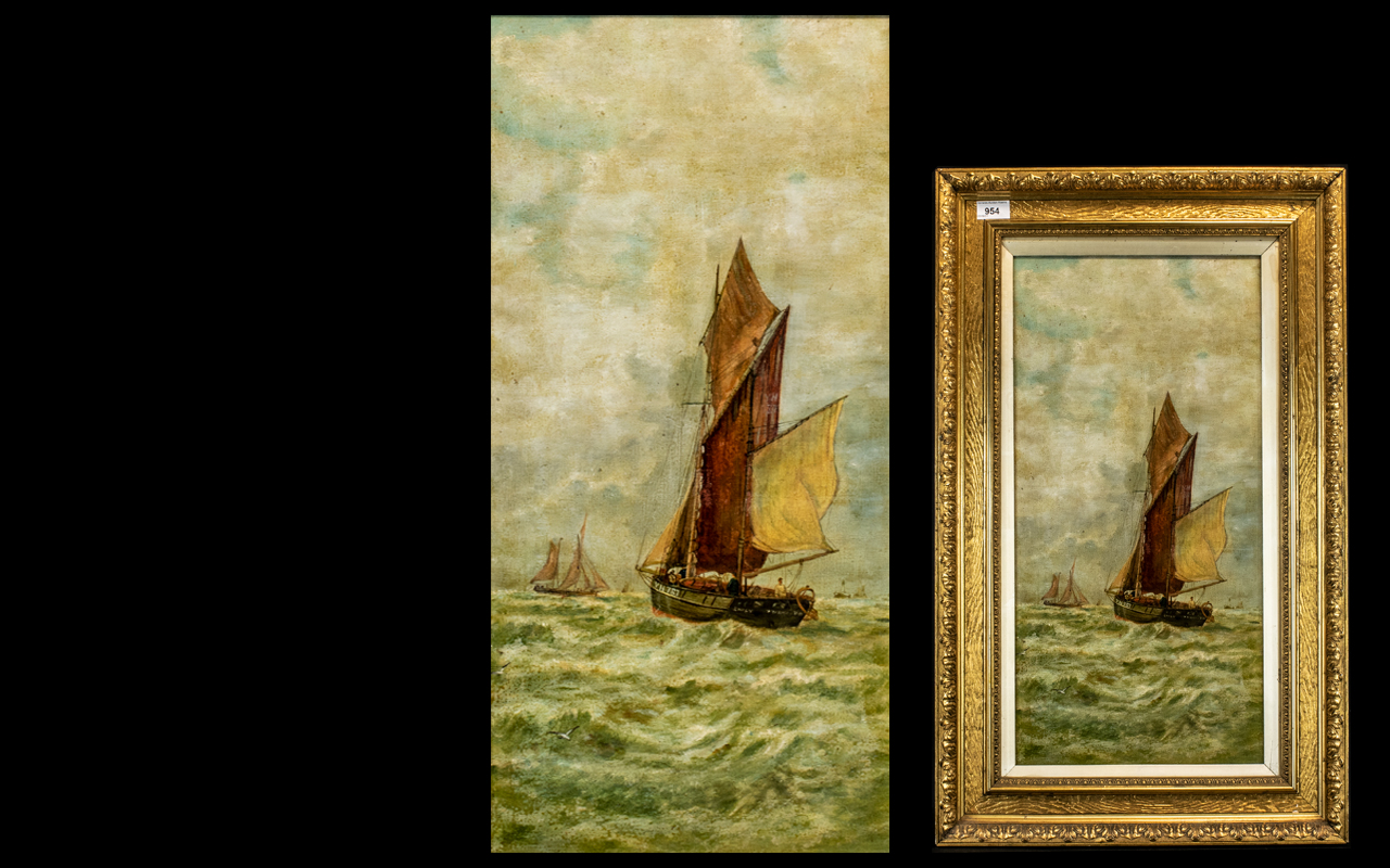 19th Century Oil on Canvas Yarmouth Seascape, fisher boat in high seas, unsigned. Measures 23.