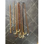 Collection of Ten Wooden Walking Sticks, assorted designs, Shepherd's crook, badger top, horn top,