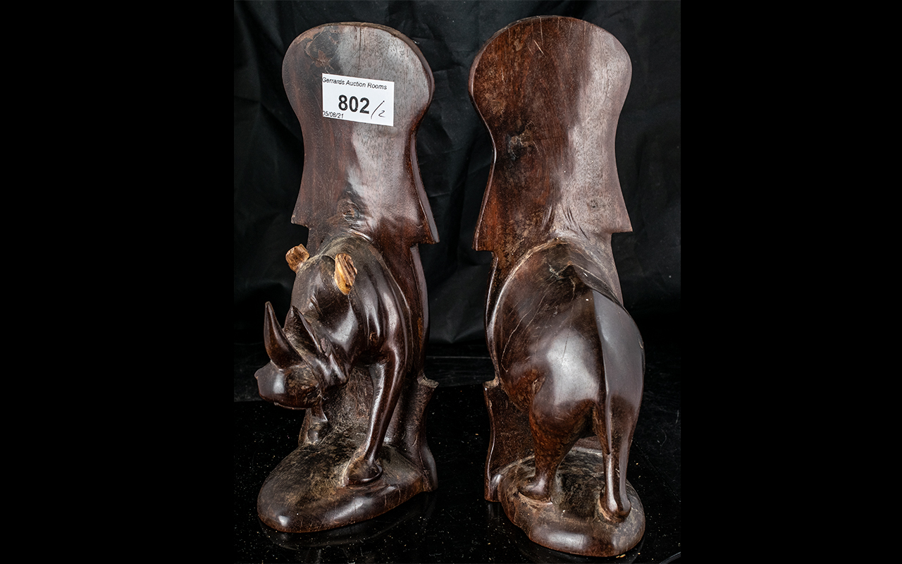 1930's Pair of Carved Hardwood Bookends In the Form of a Rhinoceros, Of Fine Colour and