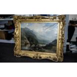 Large Victorian Continental Oil on Canvas, mountainous landscape with figures, unsigned.