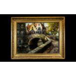 An Oil on Canvas Early 20thC Continental Village Scene depicting houses, bridge and river.