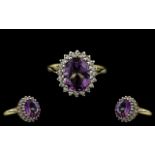 18ct Gold - Amethyst and Diamond Set Cluster Ring - Flower head Setting.