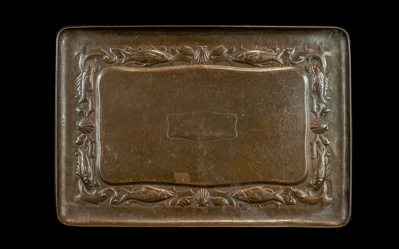 Newlyn Arts and Crafts Copper Tray embossed fish and shell border with planished finish.