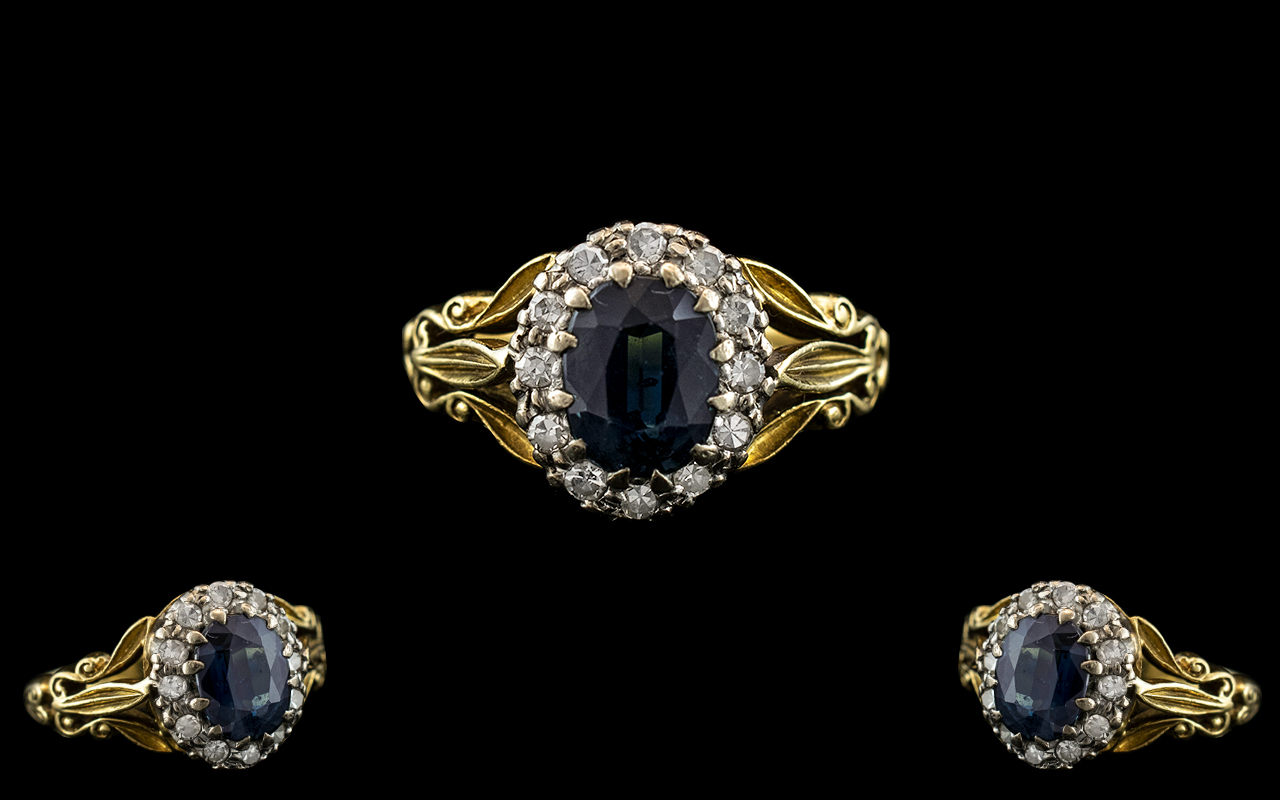 Antique Period - Attractive 18ct Gold and Platinum Diamond and Blue Sapphire Set Cluster Ring.
