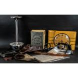 Box of Collectible Vintage Items comprising a wooden electric wall clock by Metamec,