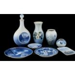 Collection Of Royal Copenhagen Porcelain To Include Three vases, Flask And Stopper,