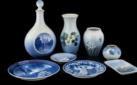 Collection Of Royal Copenhagen Porcelain To Include Three vases, Flask And Stopper,