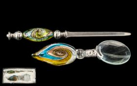 Unusual Murano Glass Handles Paper Knife and Magnifying Glass In Box,