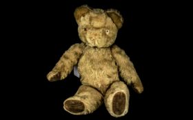 Vintage Gold Plush Teddy Bear with Silk Brown Pads to its Feet and Paws, One Glass Eye Missing.