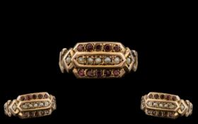 9ct Gold Antique Dress Ring, Set With Three Rows Of Seed Pearls And Red Faceted Stones,