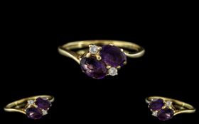 18ct Yellow Gold - Attractive Two Stone Amethyst and Diamond Set Dress Ring.