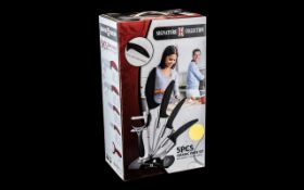 Brand New Boxed Signature Collection 5 Piece Ceramic Knife Set, with peeler, on acrylic stand.