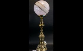 Brass Ornate Table Lamp with Pink Mottled and Gold Lined Shade.