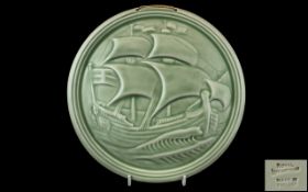 Royal Lancastrian Pottery Wall Plaque by William S Mycock modelled with a galleon at full sail,
