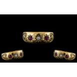 Antique Period - Attractive 18ct Gold 3 Stone Diamond and Ruby Set Ring - Star Setting.