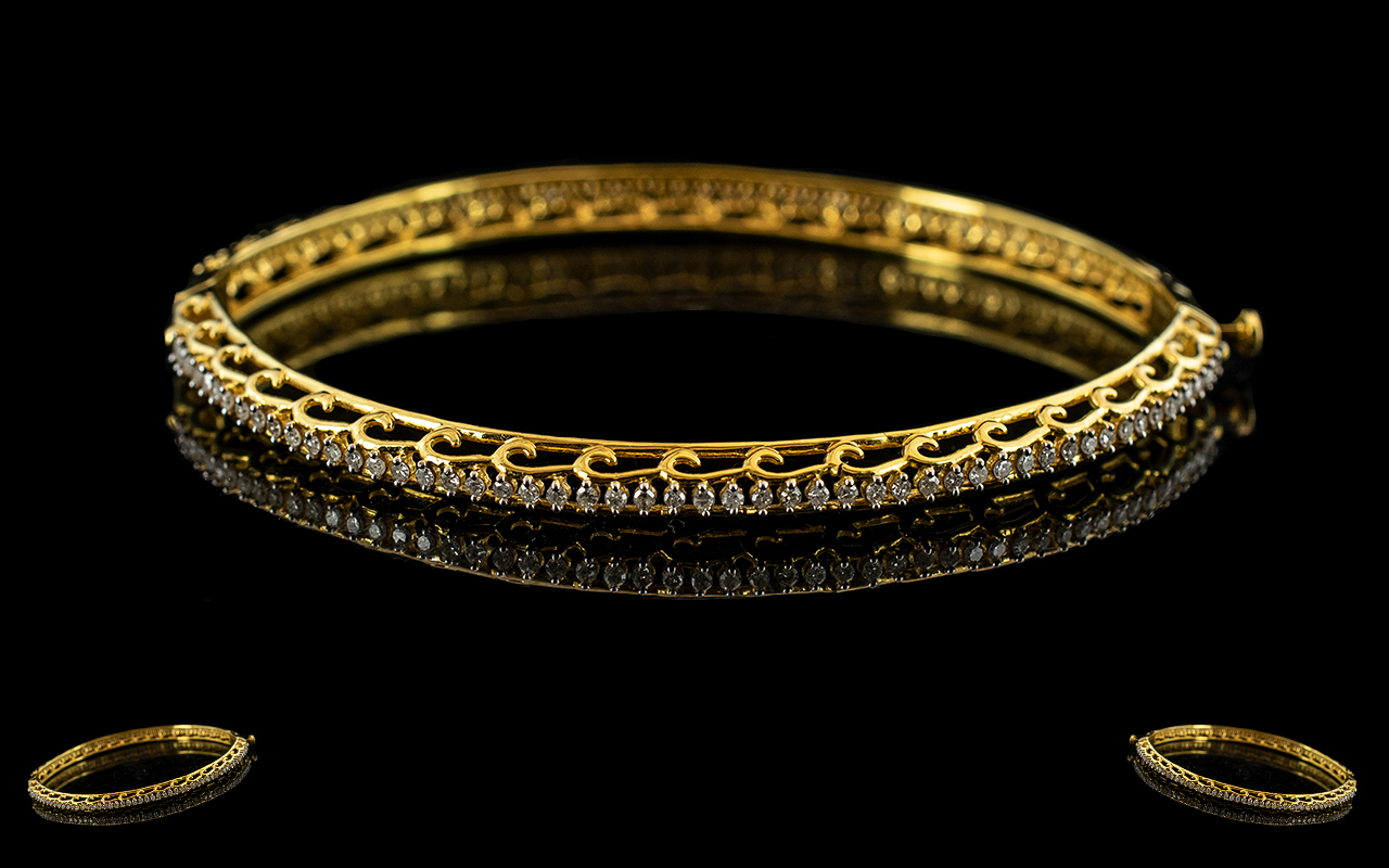 9ct Gold Diamond Set Hinged Bangle The Whole Bangle Set With A Continuous Row Of 106 Round