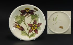 Moorcroft Pottery Shallow Dish Columbine Pattern. Cream ground. Made in England. measures