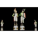 Military Interest - Large Pair of Porcelain Hand Decorated Figures of French Soldiers with a Gilt