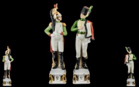 Military Interest - Large Pair of Porcelain Hand Decorated Figures of French Soldiers with a Gilt