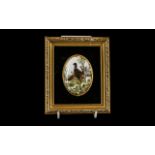 Hand Painted Pheasants on a Porcelain Plaque, the plaque set in a velvet border,