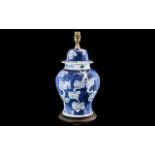 Antique Chinese Blue & White Lamp on wooden base. 14" in height.