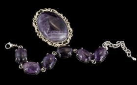 Amethyst Bracelet and Brooch, bracelet set with six amethysts in white metal,