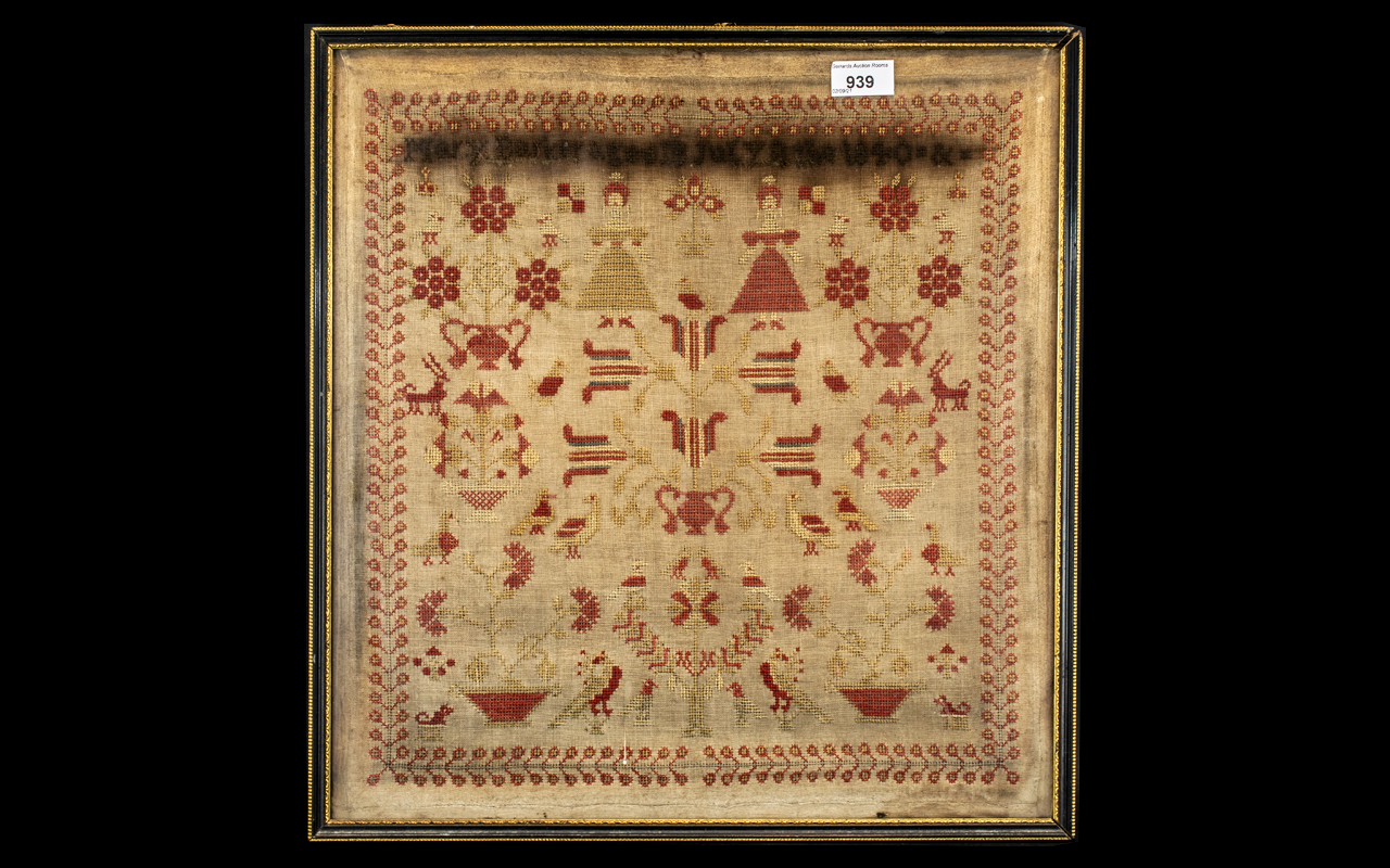 Early Victorian Sampler, dated 1840, decorated with birds, animals and ladies in period dress; 19.