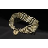 Ladies 9ct Gold - Fancy 6 Bar Gate Bar Bracelet, With Heart Shaped Padlock. Excellent Design / Form.