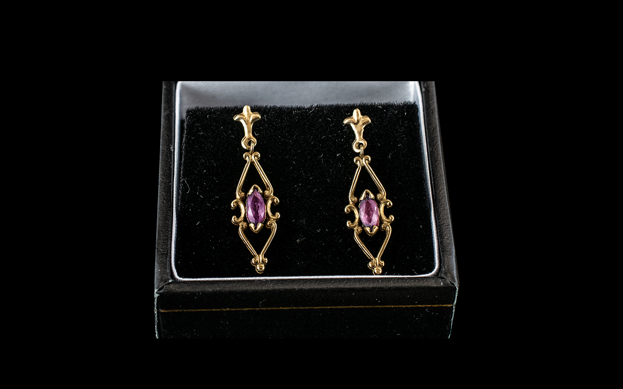 9ct Gold Amethyst Set Drop Earrings. Earrings of Good Quality and Design Throughout. 3 cm Drop.