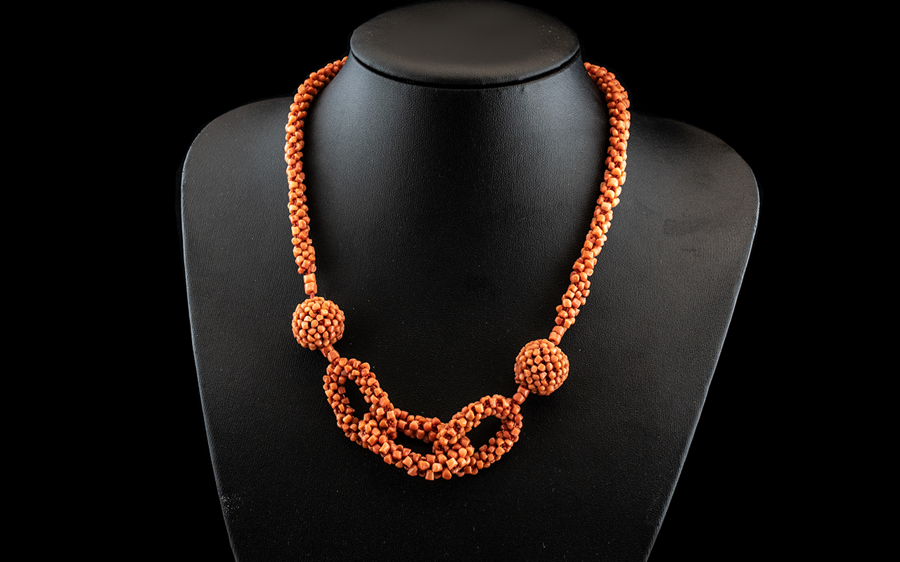 Antique Victorian Red Coral Necklace of Unusual Form, with Three Coiled Rings Intertwined,